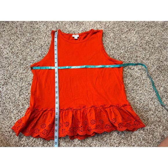 J. CREW sleeveless shirt/blouse,   size medium, Coral/Red with Islet lace ruffle - Picture 5 of 8